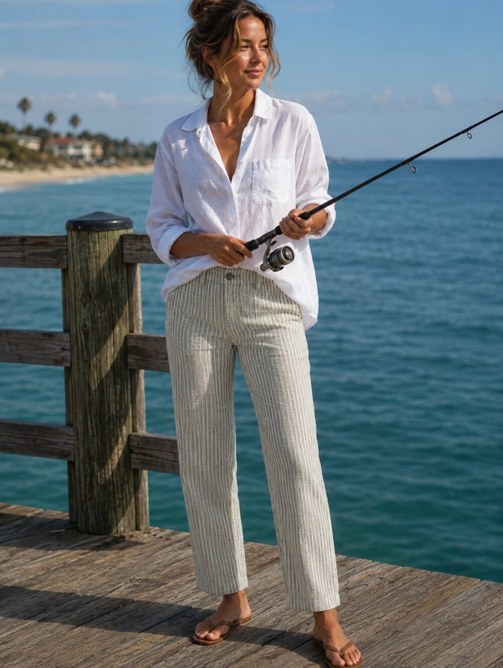 Tommy Bahama Striped 100% Linen Olive White Pants Size 6